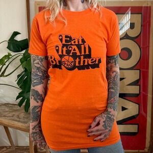 Vintage 1970s Dinos Pizza "Eat it all Brother" orange graphic t shirt